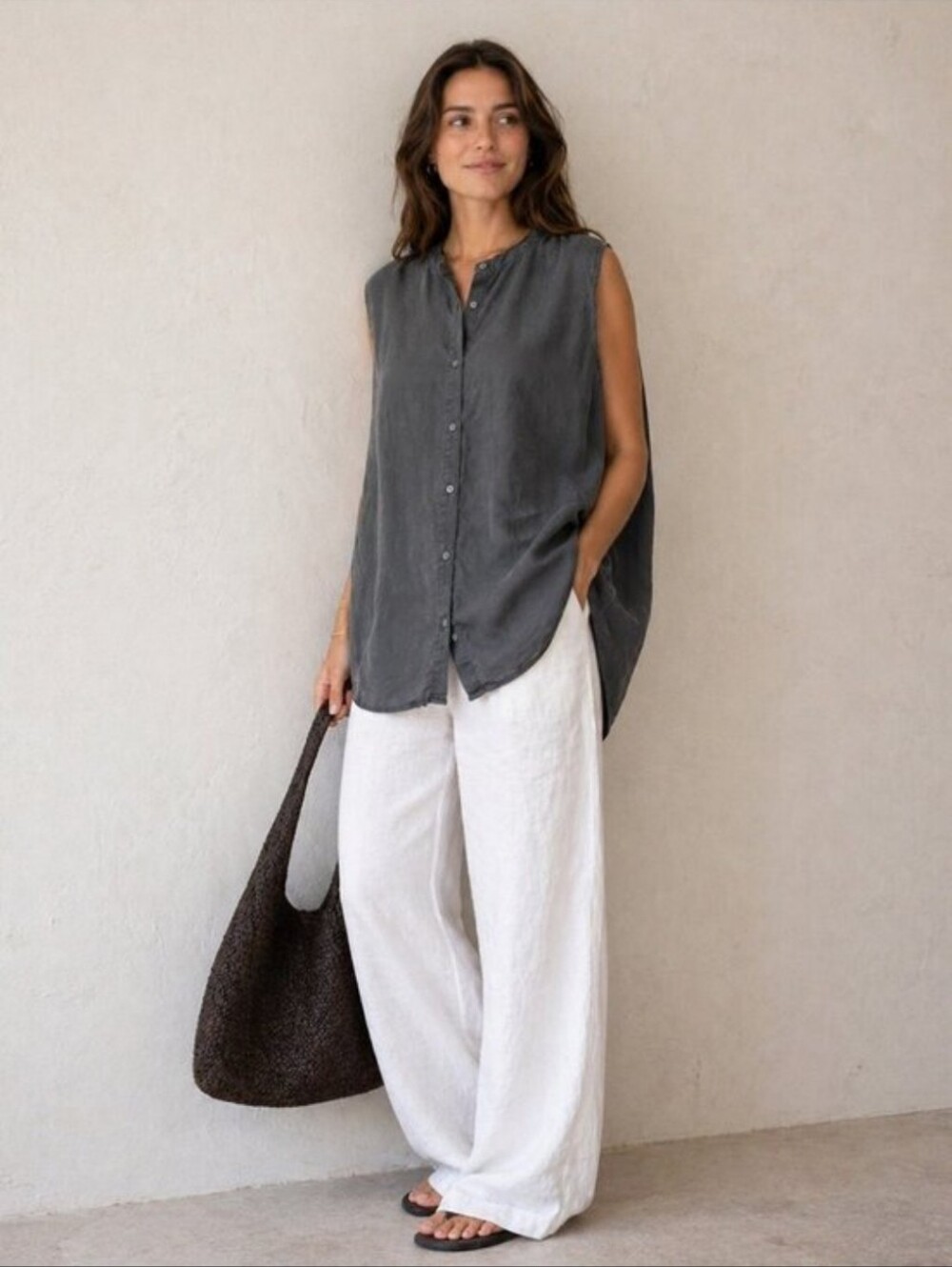 Unsubscribed 100% Silk Sleeveless Button-Down Top Size M Charcoal Grey